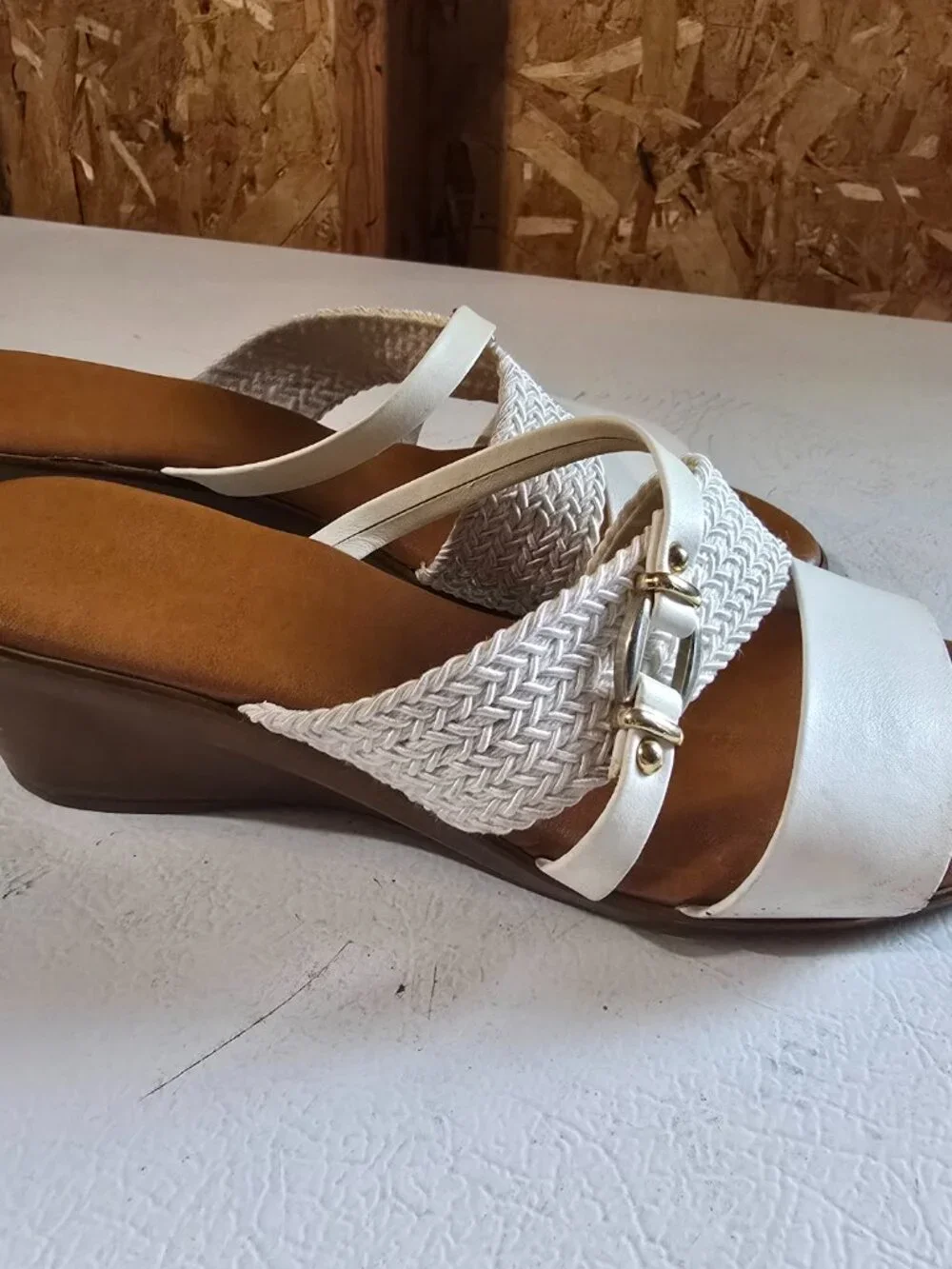 Made in Italy White Woven Straps Low Wedge Slide Sandals Gold Buckle Accent